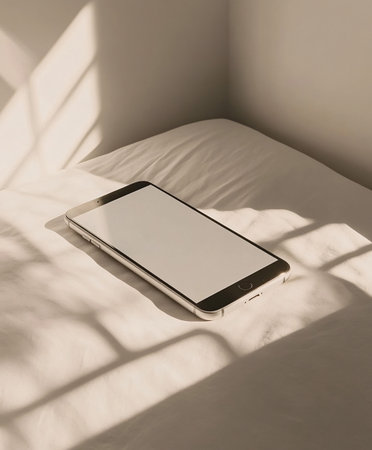A minimalist smartphone lies on a soft bed under gentle sunlight, casting soft shadows.の素材