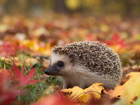 A small hedgehog nestled among colorful autumn leaves in a serene setting.の素材