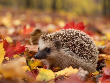 A cute hedgehog exploring a colorful autumn landscape filled with red and yellow leaves.の素材