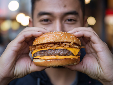 Smiling Asian male holds a delicious cheeseburger with sesame seed bun and crispy onions.の素材