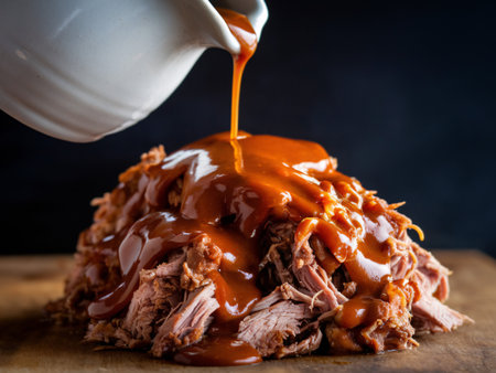 Tender pulled pork topped with savory barbecue sauce, creating a mouthwatering dish ideal for gatherings.の素材