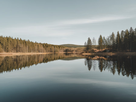 Serene lake landscape reflecting tranquil forest scenery on a clear day.の素材