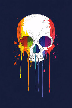 Colorful skull art illustration with vibrant dripping paint on a dark background.の素材