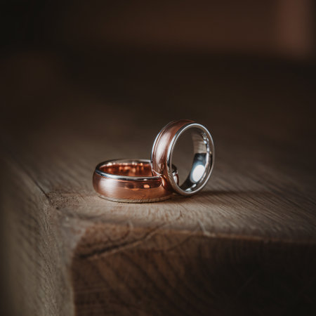 Elegant wedding rings showcasing rose gold and silver on a wooden surface.の素材