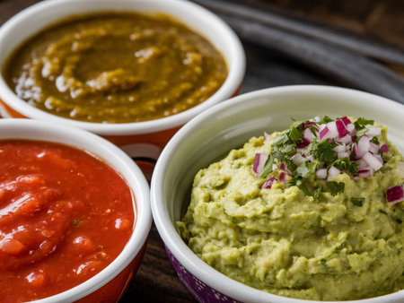 Colorful trio of salsas featuring green, red, and brown sauces with fresh toppings.の素材