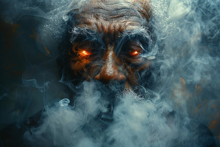 Mysterious elderly man with glowing eyes amid swirling smoke, exuding an enigmatic aura and intense expression.の素材