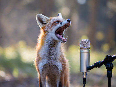 A lively fox with bright fur, howling near a microphone, capturing a playful moment in nature.の素材