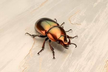 A shiny green and copper beetle resting on a smooth surface, showcasing intricate details and vibrant colors.の素材