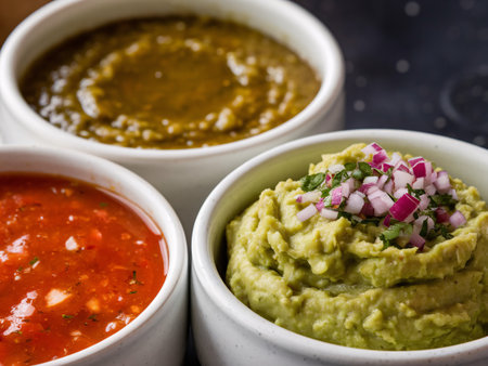 Three colorful bowls of salsa and guacamole featuring vibrant green and red hues.の素材