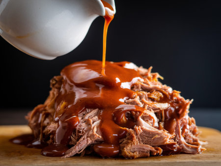Juicy pulled pork drenched in rich barbecue sauce, served on a wooden board.の素材