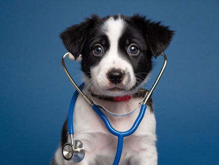 Adorable puppy with blue eyes wearing a stethoscope against a blue background, exuding charm and playfulness.の素材