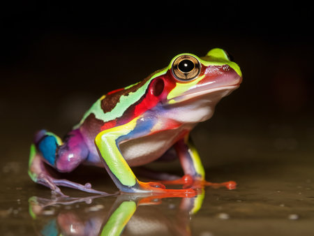 A vibrant, colorful frog showcasing a mix of green, blue, and red hues on a reflective surface.の素材