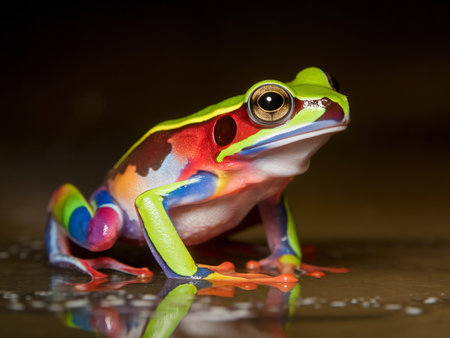 A vibrant, multicolored frog with striking patterns and glossy skin sitting on a wet surface.の素材