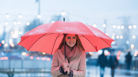 Young woman with long brown hair smiles under a bright red umbrella in a snowy urban setting.の素材