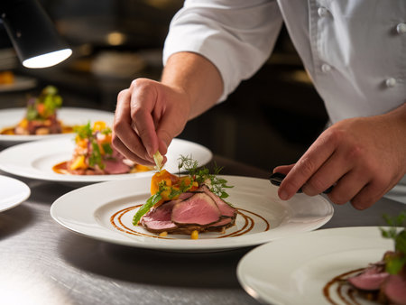 Male chef meticulously plating a gourmet dish in a professional kitchen.の素材