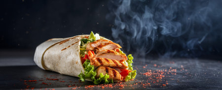 Grilled chicken burrito with fresh vegetables and spices, emitting steam against a dark background.の素材