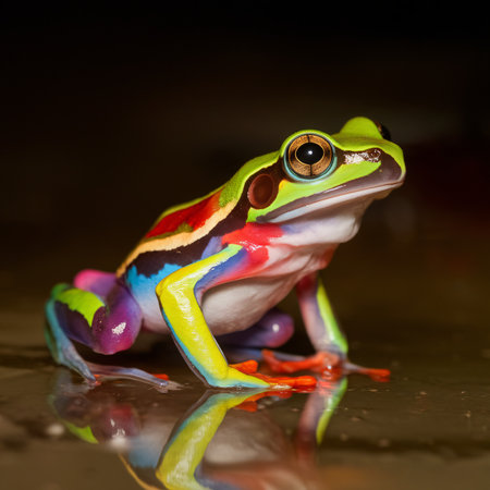 A vibrant green and colorful tree frog sitting on a reflective surface exuding a lively presence.の素材