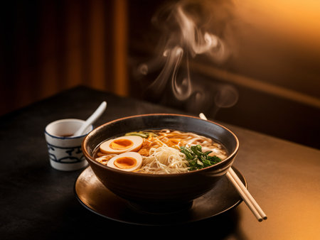 A steaming bowl of ramen with soft-boiled eggs and fresh herbs, exuding warmth and comfort.の素材