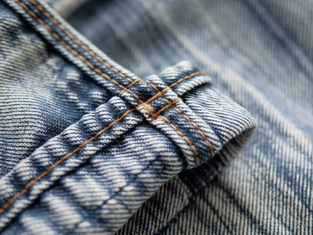 Close-up of denim fabric showcasing intricate stitching details and texture in blue tones.の素材