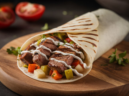 Delicious grilled steak wrap filled with fresh vegetables and drizzle of creamy sauce.の素材