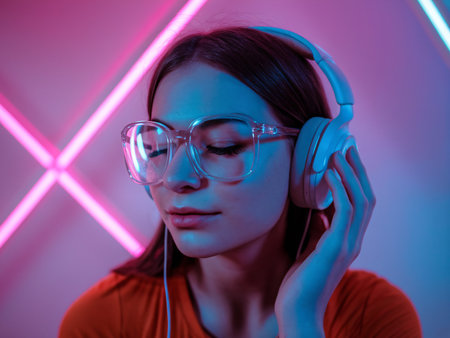 A young woman with long hair and glasses enjoys music in a colorful lit room.の素材
