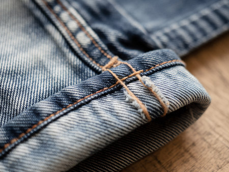 Close-up of folded denim jeans showcasing intricate stitching details.の素材
