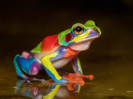 A vibrant, colorful frog with a striking appearance showcasing shades of green, blue, red, and yellow.の素材