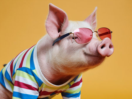 Playful pig wearing sunglasses and a colorful striped shirt against a vibrant yellow background.の素材