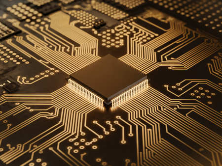 Close-up of a microchip on a circuit board, showcasing intricate pathways and metallic details.の素材