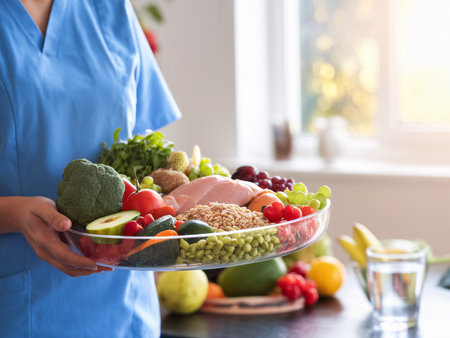 Female healthcare professional presents a colorful selection of fresh fruits and vegetables in a modern kitchen.の素材