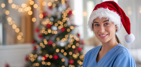 Smiling young woman in scrubs wearing a Santa hat, festive background with Christmas tree lights.の素材
