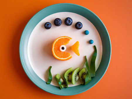 Creative fruit art featuring an orange fish made with blueberries and kiwi, set against an orange background.の素材