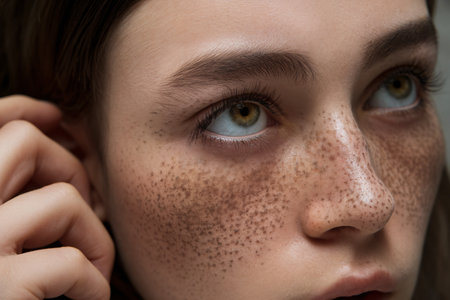 Close-up of a young woman with freckles and striking green eyes, showcasing natural beauty and confidence.の素材