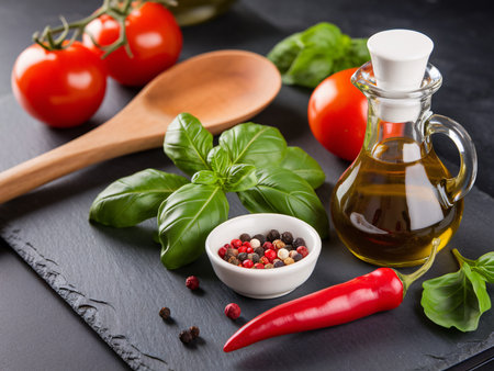 Colorful ingredients including tomatoes, basil, and olive oil for a fresh and flavorful meal preparation.の素材
