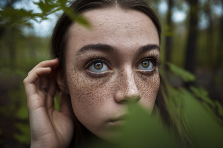 A young girl with freckles peeks through green leaves, her striking blue eyes capturing the serene forest ambiance.の素材