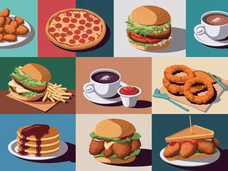 A colorful collage of various delicious fast food items including burgers, pizza, and pancakes.の素材