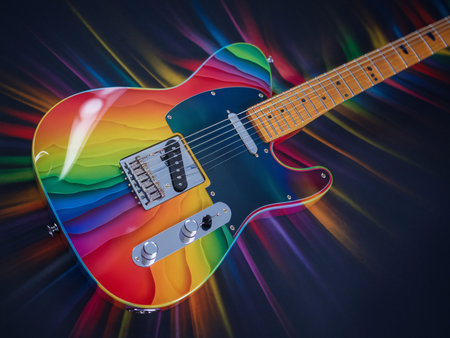 Colorful electric guitar with vivid rainbow design on a dark background, capturing artistic flair.の素材