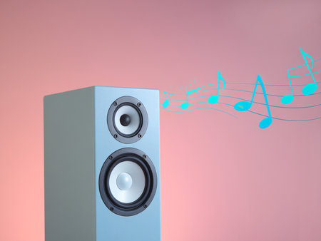 Modern speaker with musical notes, creating a vibrant and lively atmosphere of sound and emotion.の素材