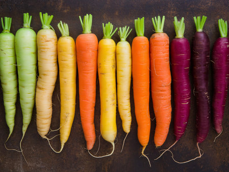 Colorful assortment of fresh carrots showcasing green, yellow, orange, and purple varieties.の素材