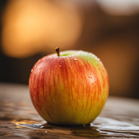 Fresh red and green apple with droplets, resting on a wooden surface, illuminated by warm light.の素材