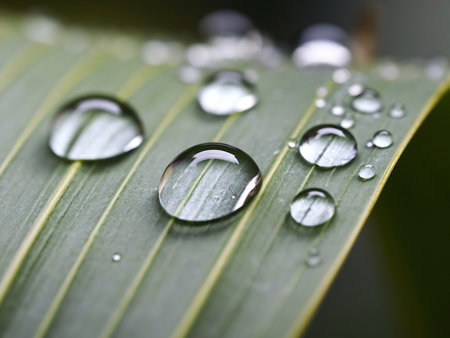 Close-up of water droplets on a vibrant green leaf showcasing nature's beauty and detail.の素材
