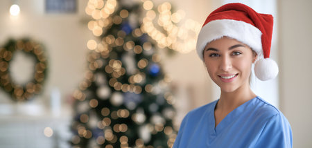 Smiling young woman in a Santa hat, wearing scrubs, festive background with Christmas tree lights.の素材