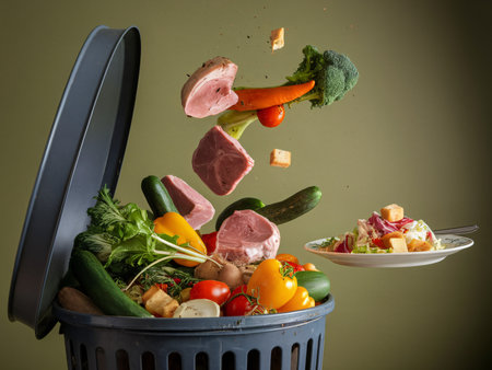 An artistic display of food waste with vegetables and meat falling into a trash can against a green background.の素材