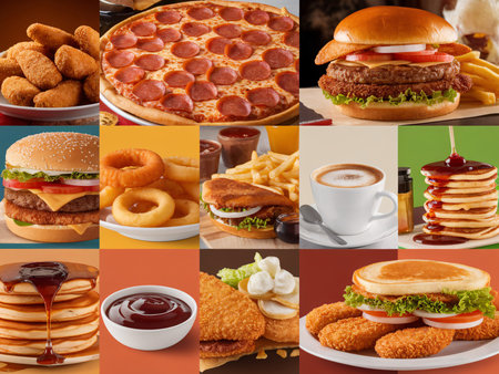 Delicious assortment of various fast food items, featuring burgers, pizza, pancakes, and more.の素材