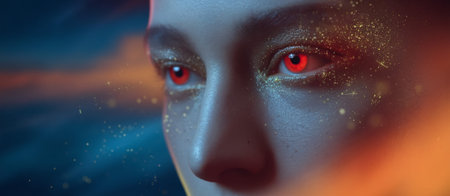 Close-up portrait of a woman with striking red eyes and shimmering gold makeup, set against a mystical background.の素材