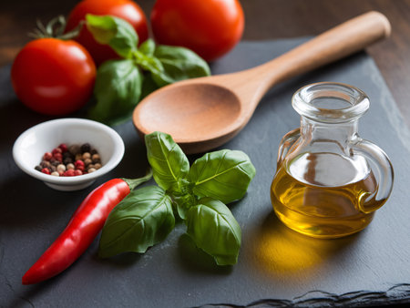 Fresh ingredients for a delicious meal: tomatoes, basil, chili, and olive oil on a wooden surface.の素材