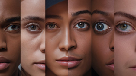 Diverse group of young individuals displaying unique features and expressions, showcasing inclusivity.の素材