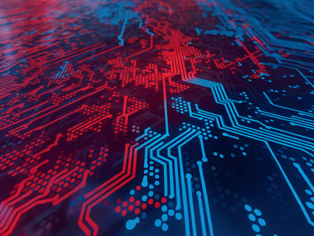 Abstract close-up of circuit board design in red and blue tones, conveying a sense of technology and innovation.の素材