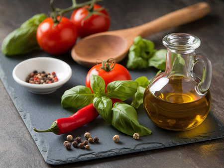 Fresh ingredients: tomatoes, basil, olive oil, and chili peppers on a dark slate background.の素材