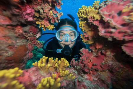Female diver exploring vibrant coral reef, surrounded by colorful marine life, underwater adventure.の素材